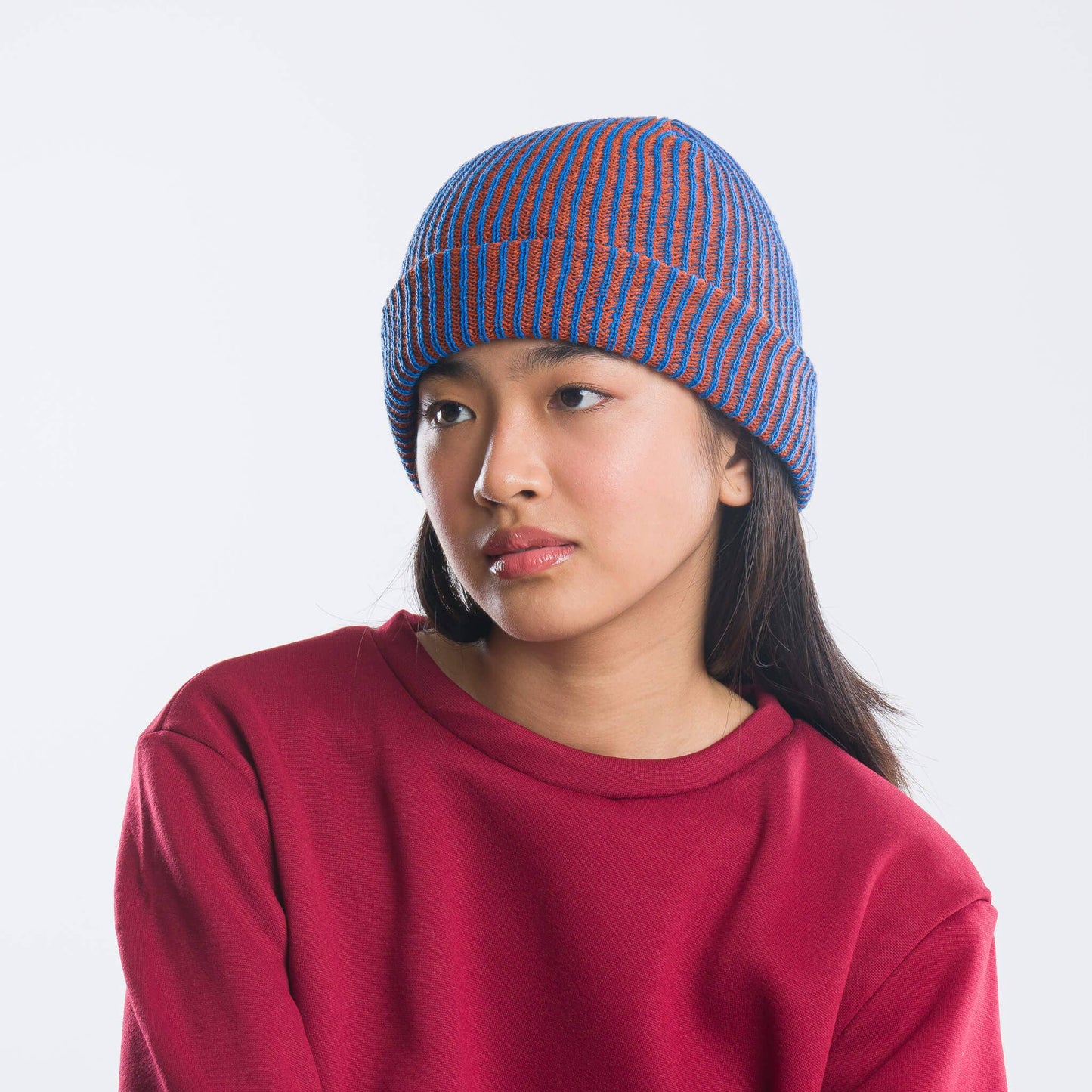 Simple Rib Knit Beanie | Cobalt Rust