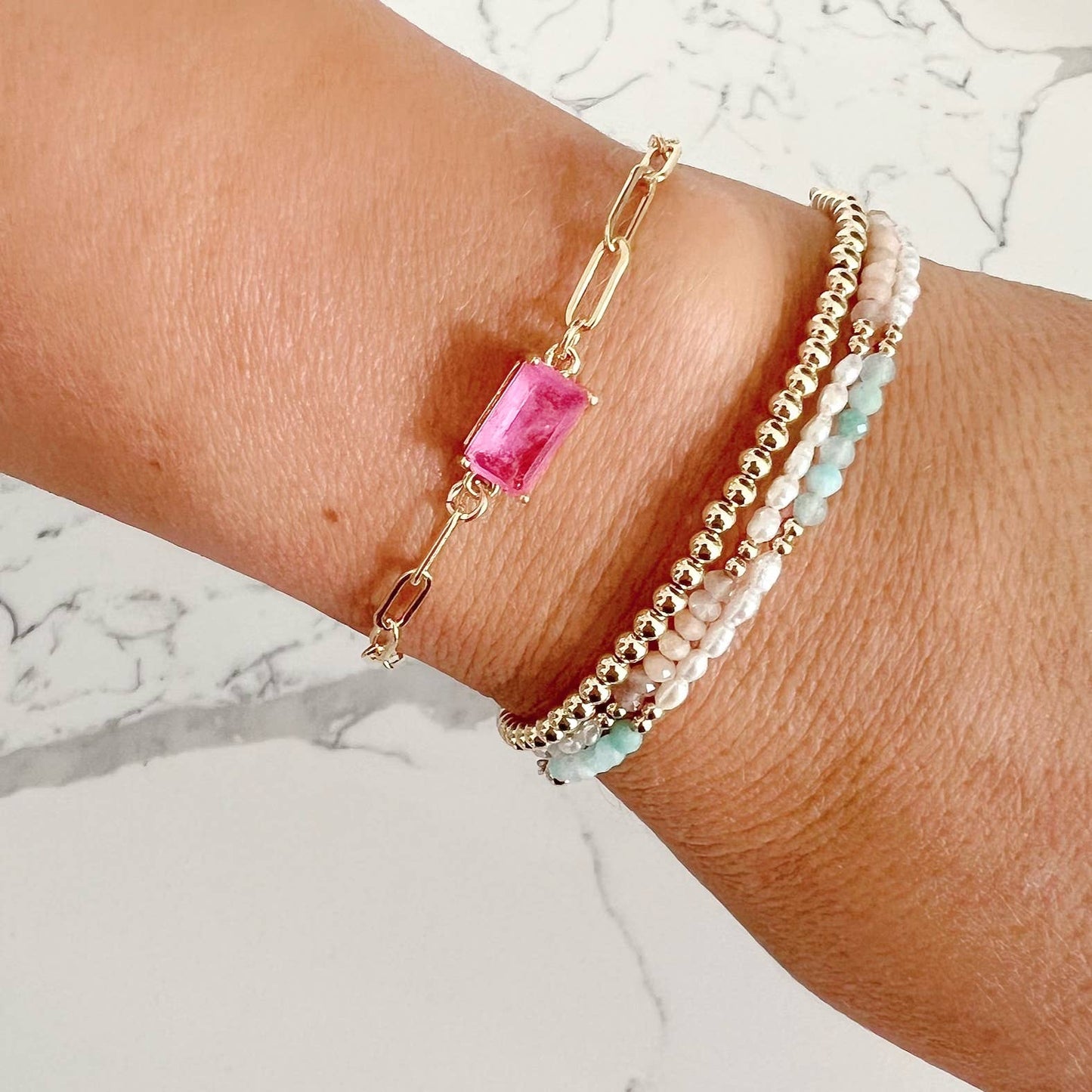 Amazonite Freshwater Pearl Beaded Gold Filled Bracelet