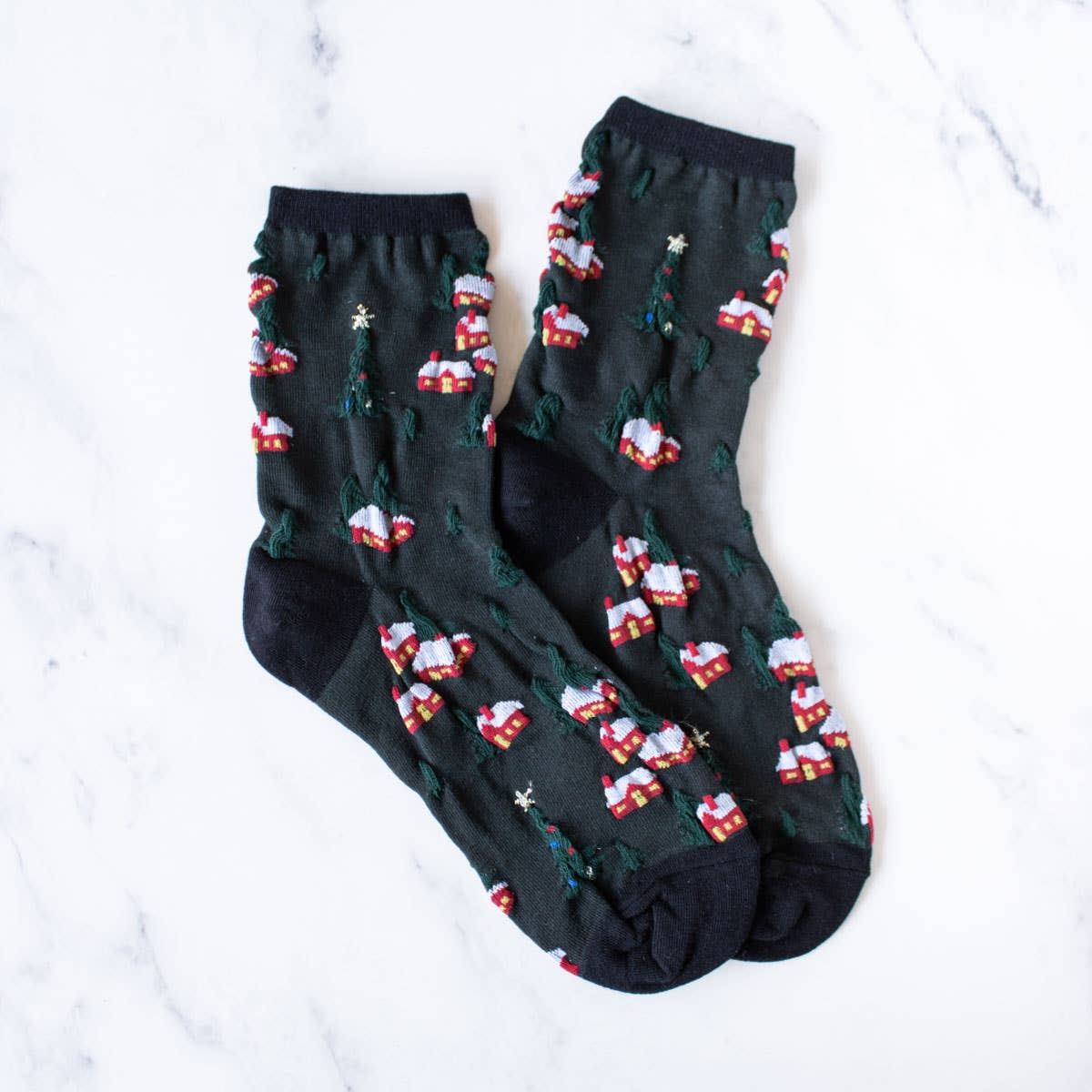 Christmas Village Casual Socks | Black/Dark Green