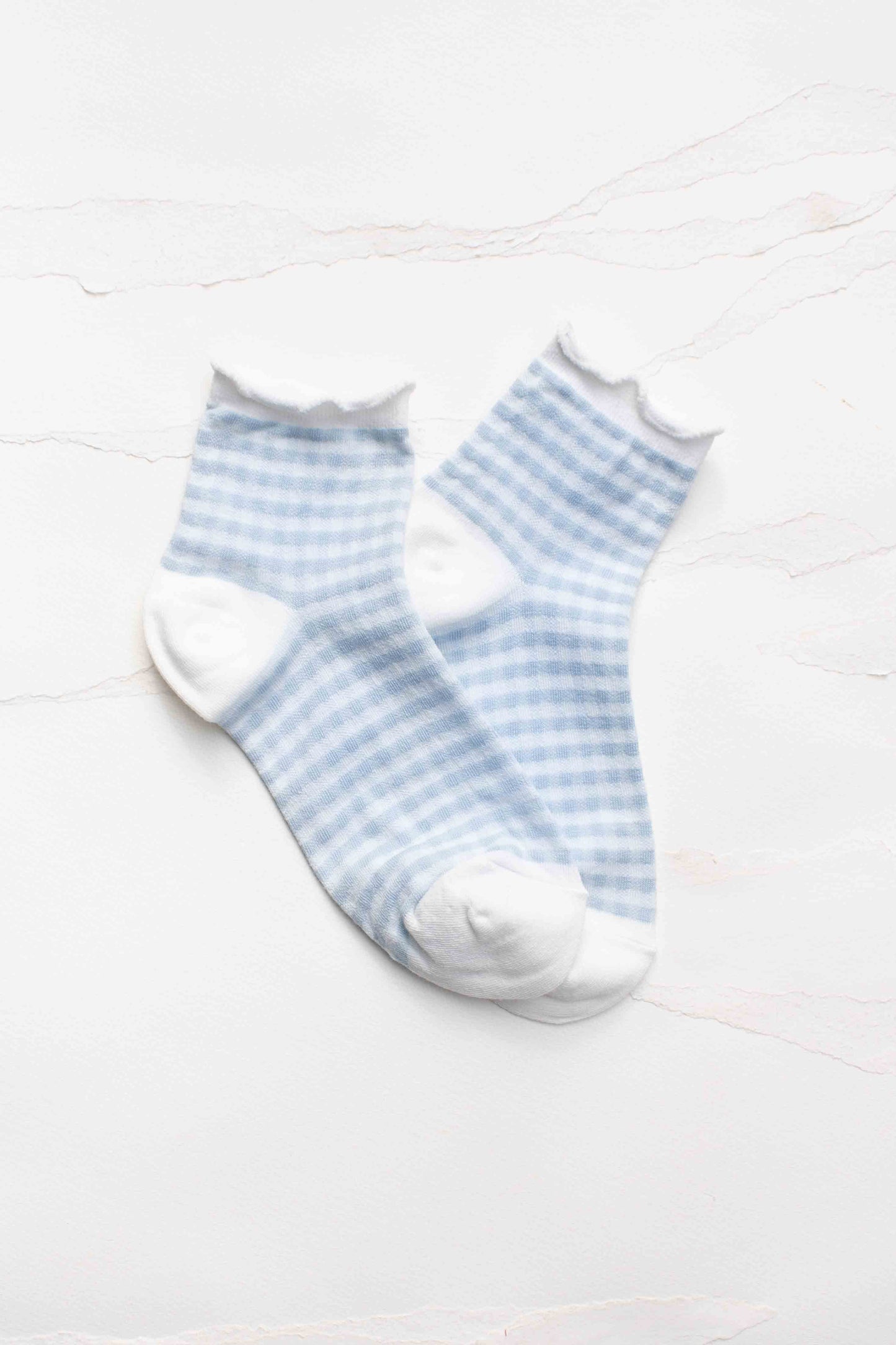 Pastel Gingham Ruffle Ankle Socks: Blue