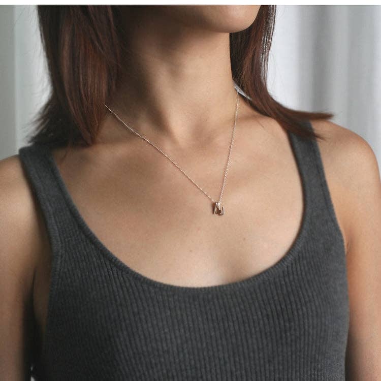 Double block initial Necklace with Heart Charm in 14k Gold and Sterling Silver | 16"