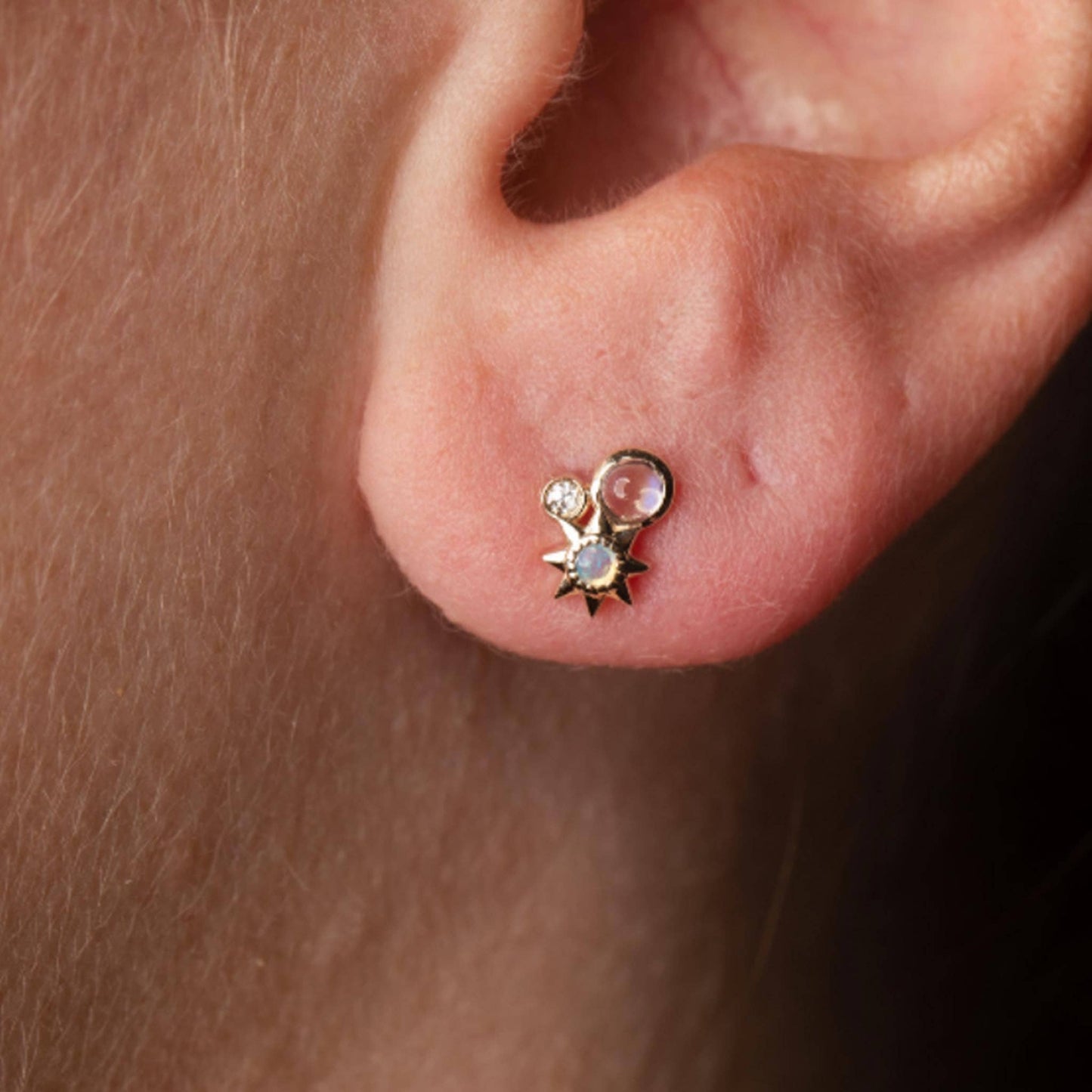 Solid Gold Rainbow Moonstone, Opal and Diamond Celestial Cluster Earrings