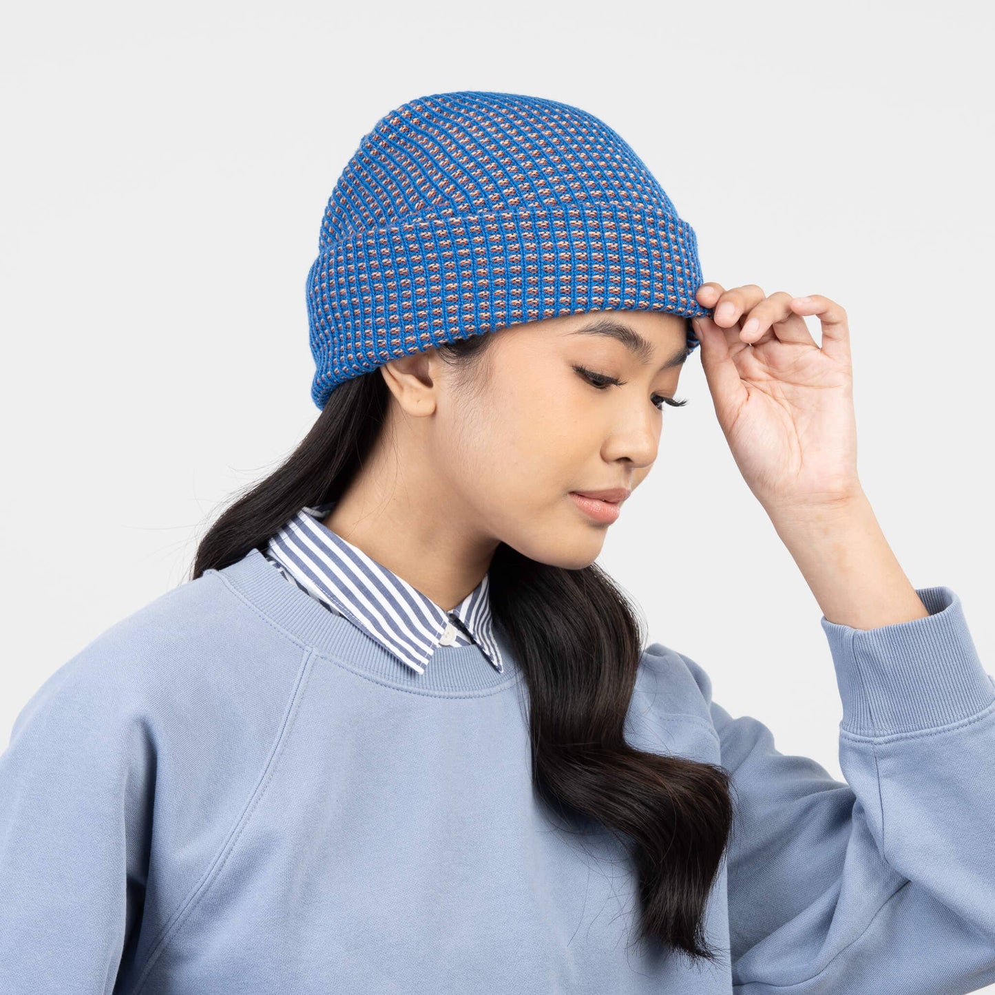 Simple Grid Knit Beanie | Cobalt Peach