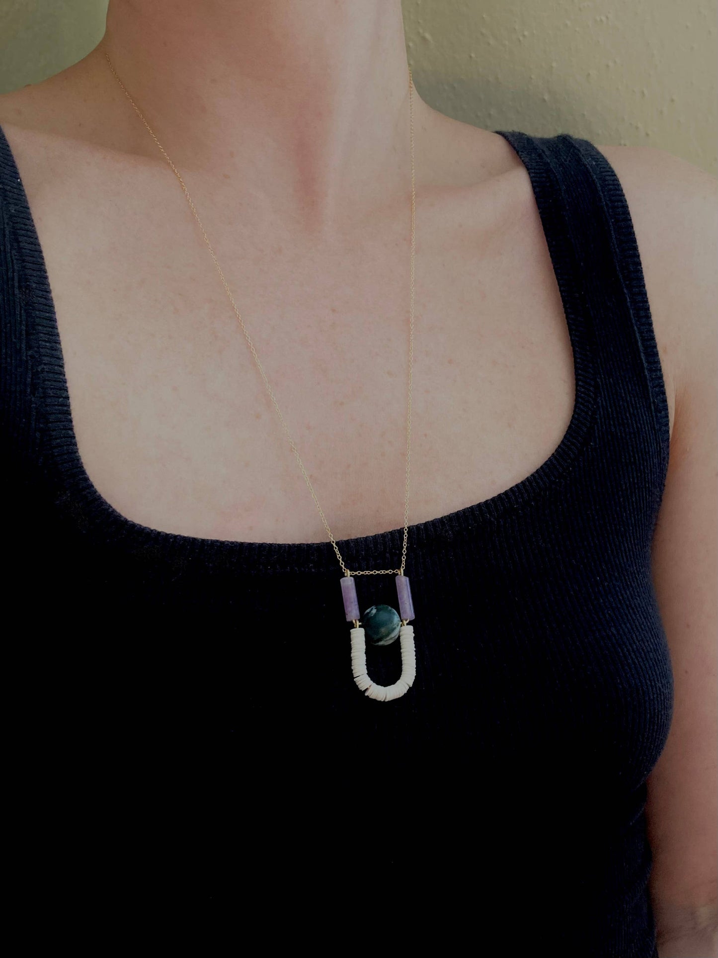 The Object Pendant - Modern Gemstone Necklace on Gold Chain: Moss Agate