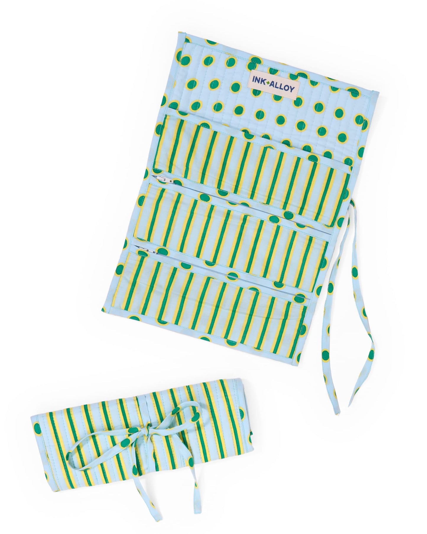 Maddie Jewelry Roll Light Blue, Citron Stripes