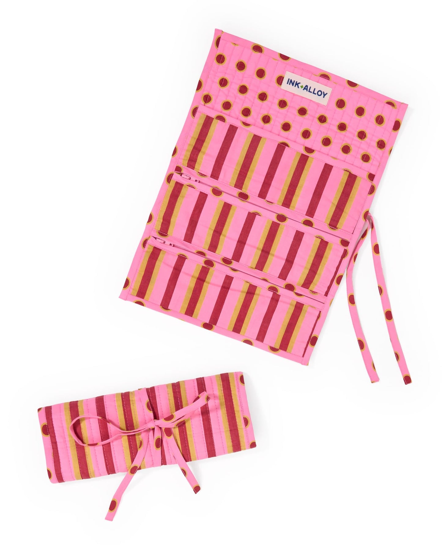 Maddie Jewelry Roll Camel, Pink Stripes