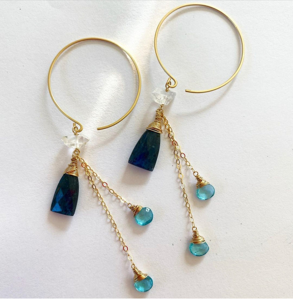 Fairies of the Mist Earrings | Gold Fill, Moss Kyanite, Blue Apatite, Herkimer Diamond