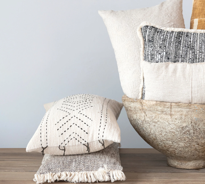 Hand-Embroidered Cotton Lumbar Pillow w/ Kantha Stitch