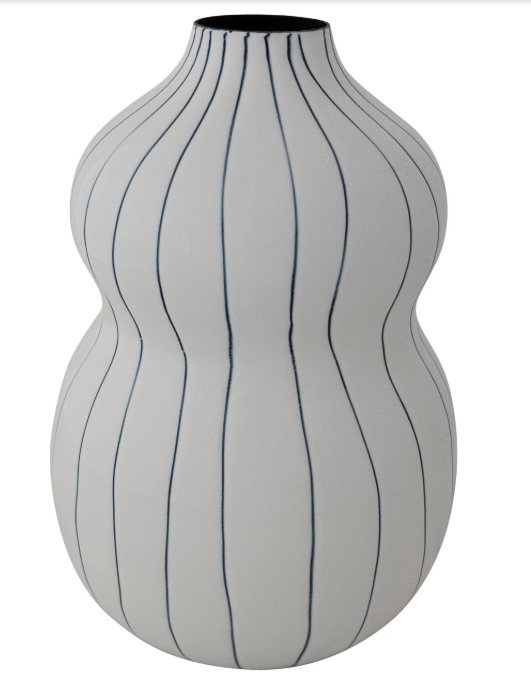 Enameled Metal Organic Striped Vase | White & Blue