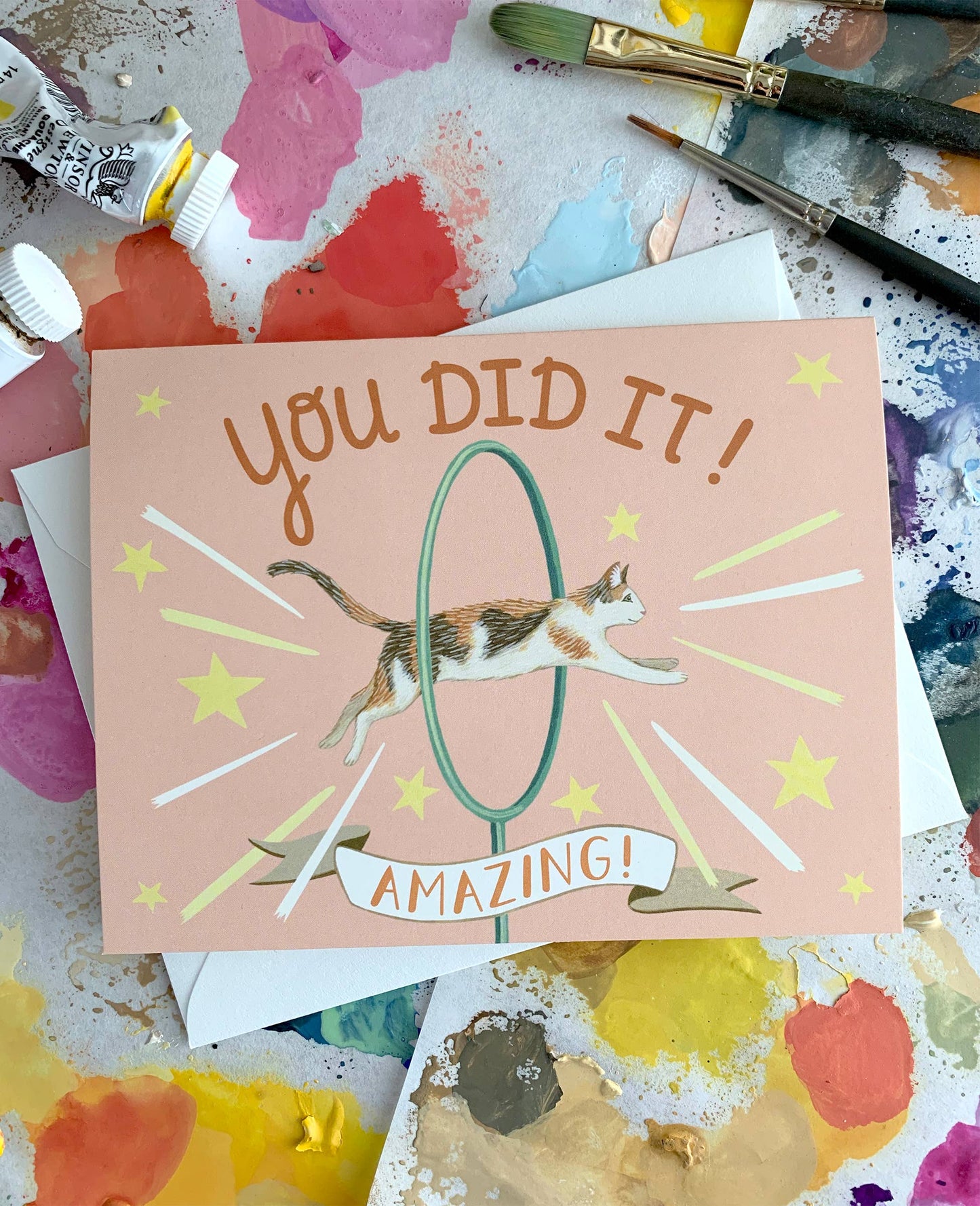 Cat Jumping Through Hoop Congrats Card