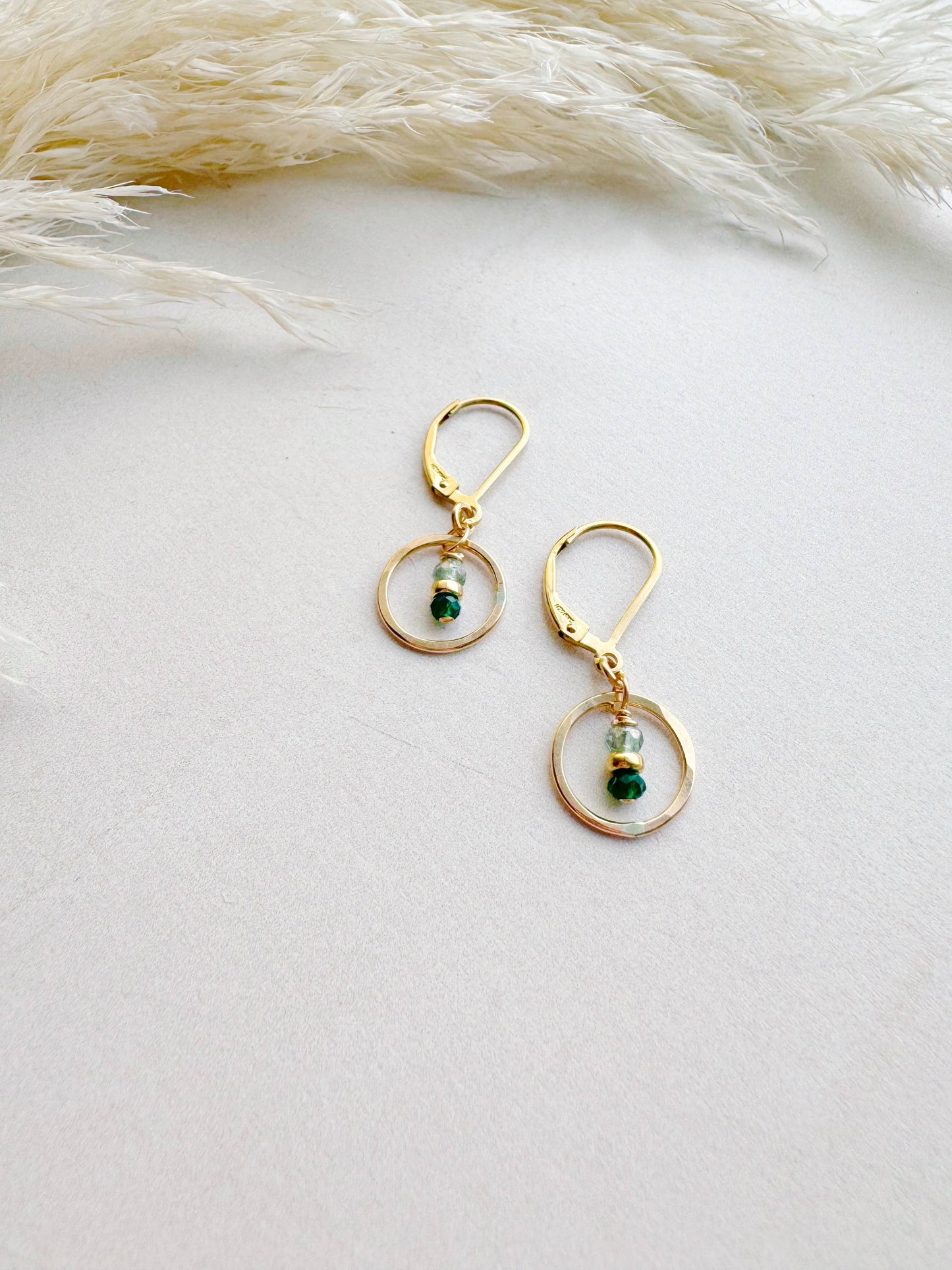 Seedling Tiny Circle Earrings| Gold | Leaf Green Crystals