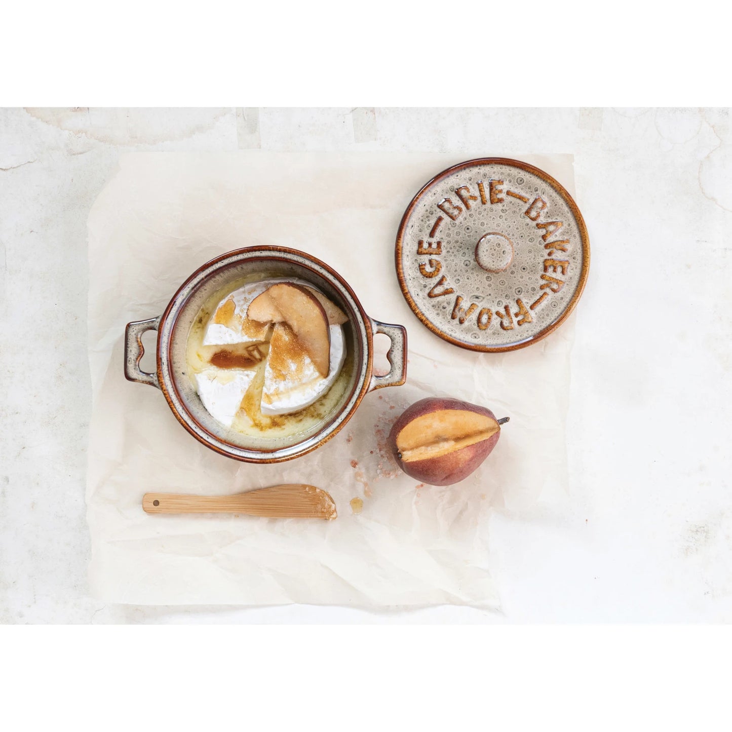 Stoneware Cream Brie Baker w/ Bamboo Spreader