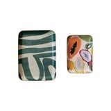 Enameled Metal Tray With Fruit & Abstract Image & Gold Rim | Set of 2