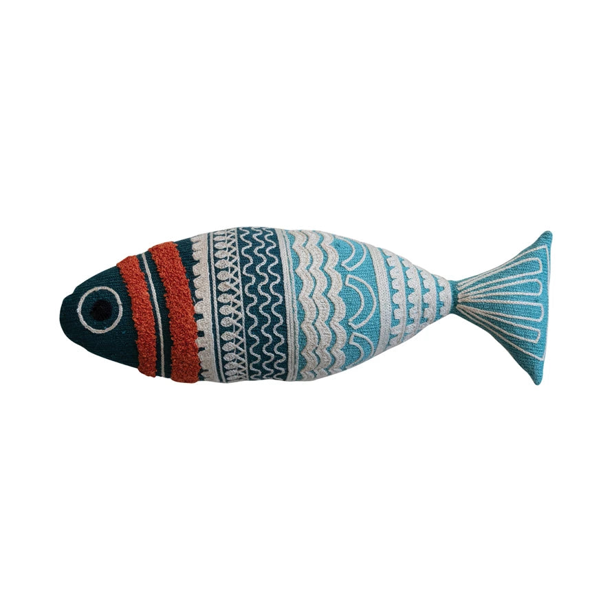 Embroidered Cotton Fish Shaped Pillow 14" x 3"