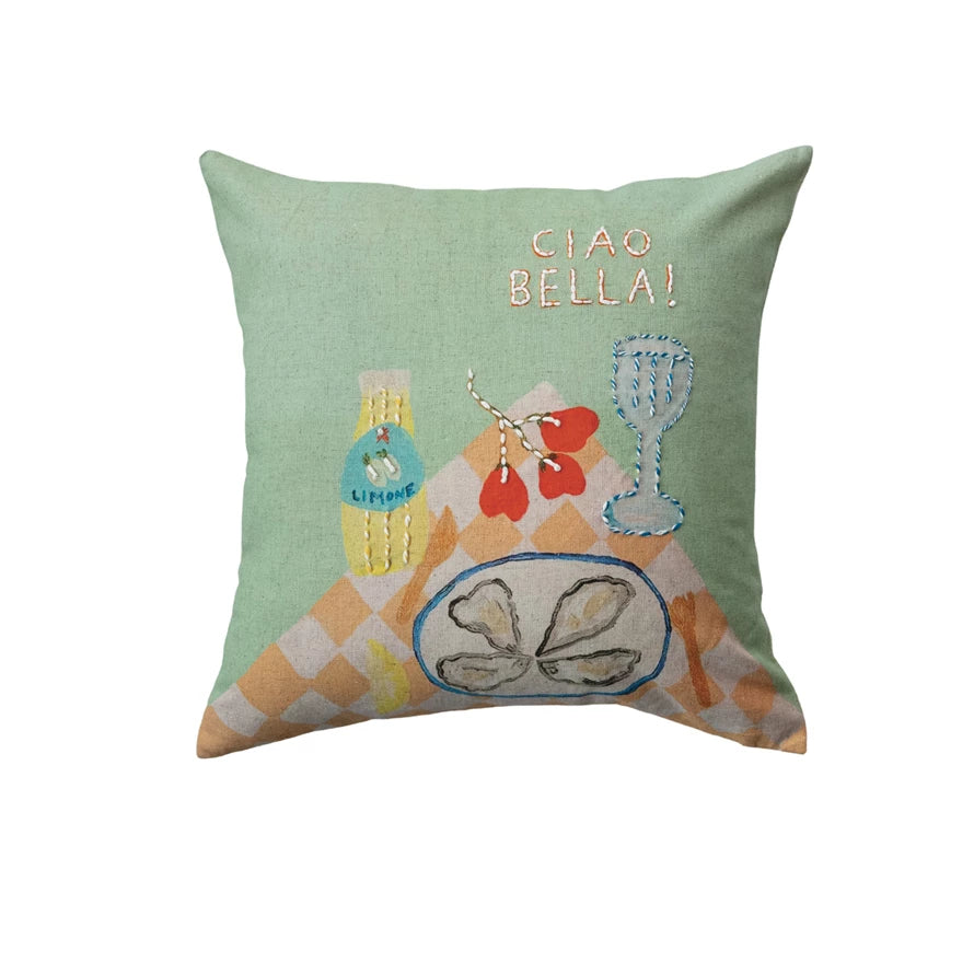 18" Square Cotton & Linen Printed Pillow With Tablescape