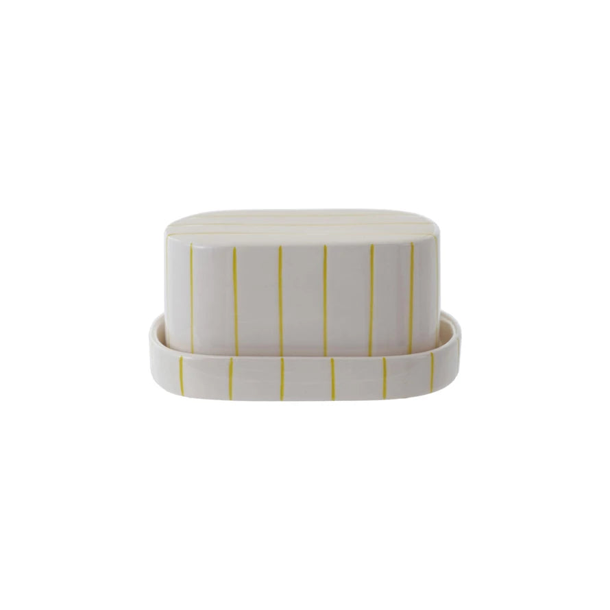 Hand-Painted Stoneware Striped Butter Dish | White & Citron