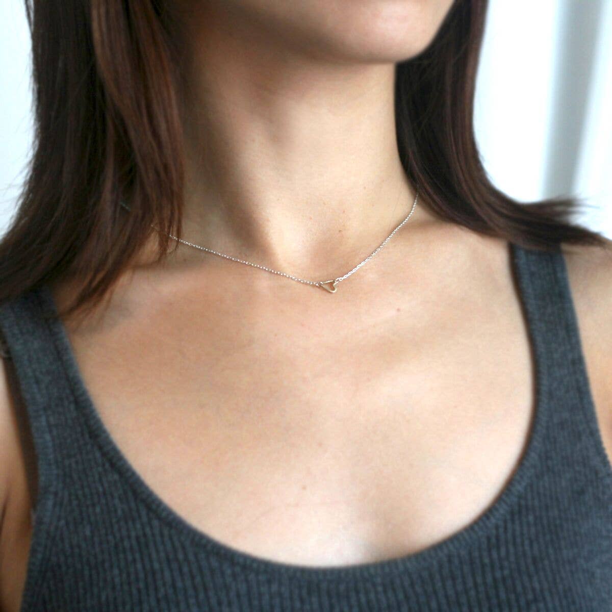 14K Gold Tiny Sideways Heart Necklace with Sterling Chain | 15"