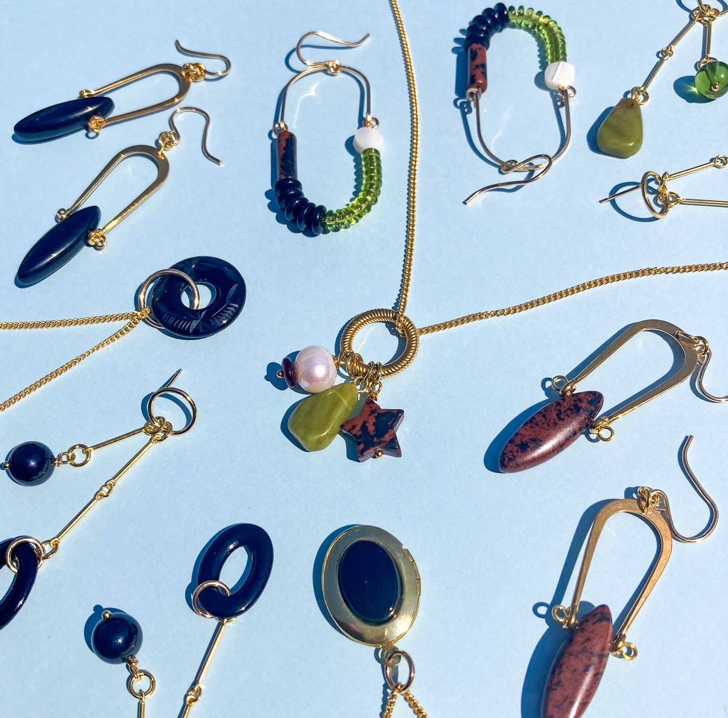 Mahogany Obsidian, Mother of Pearl, Olive, + Black Balance Earrings