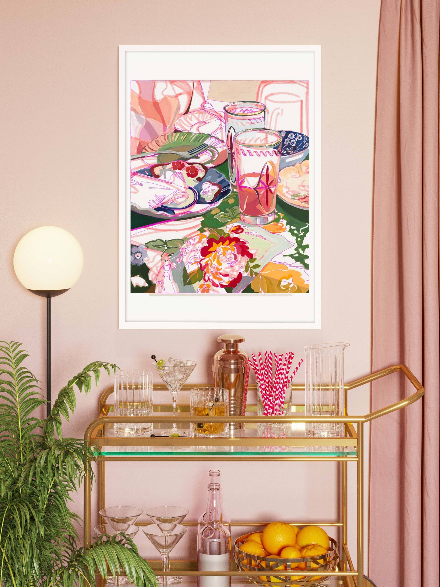 "Brunch Party" Pink Retro Still Life Signed Giclee Print: 11x14"