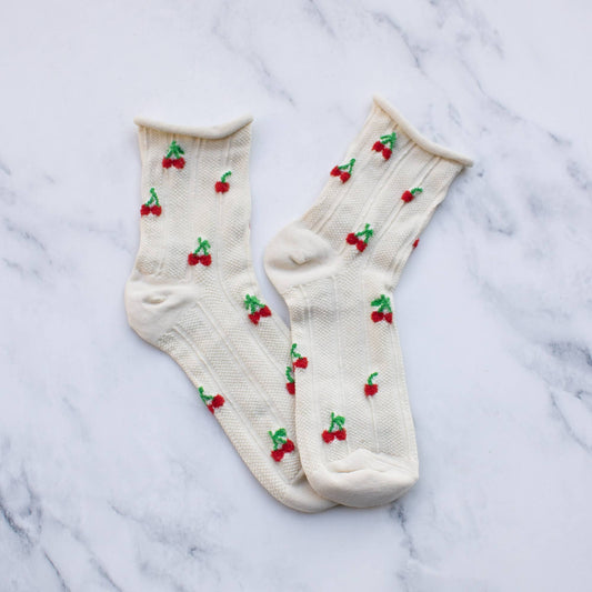 Women's Vintage Cherry Socks | Oatmeal/Cherry