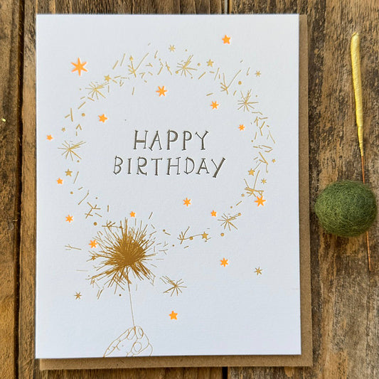 Gold Foil Sparkler Birthday Fluorescent Letterpress Card