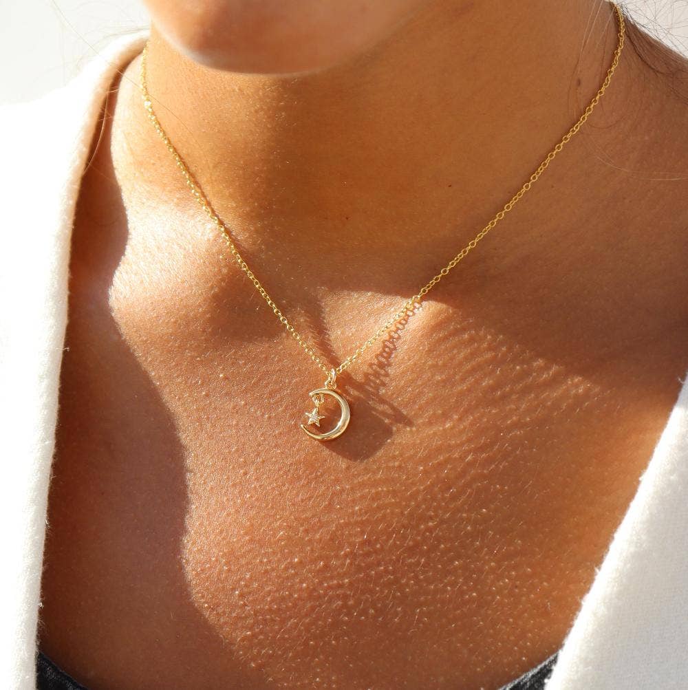 Moon + Star Charm Necklace | 14k Gold Fill / 16"