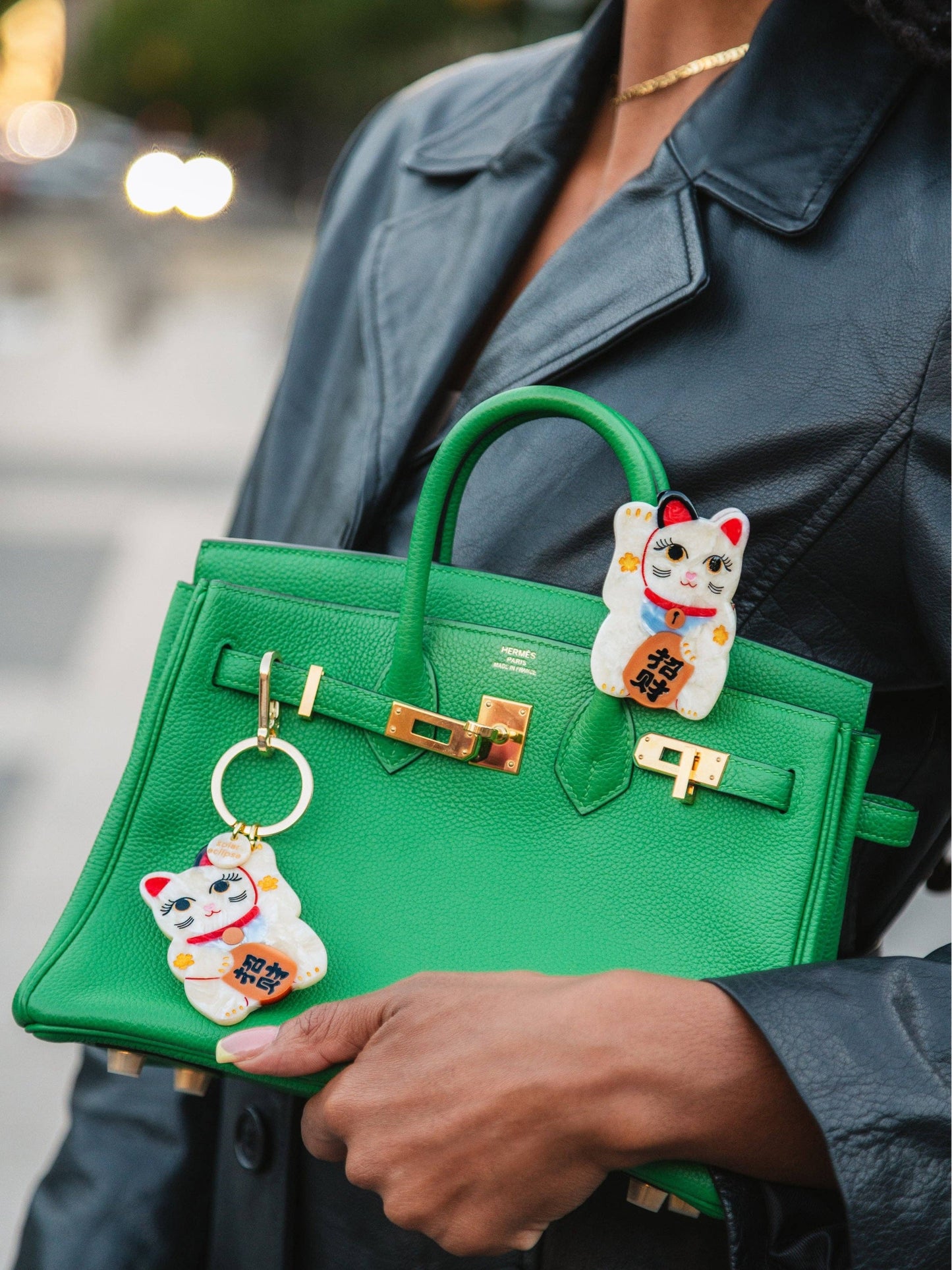 Hand-painted Maneki-Neko Cat Bag Charm + Keychain | Eco-Friendly: Good Fortune