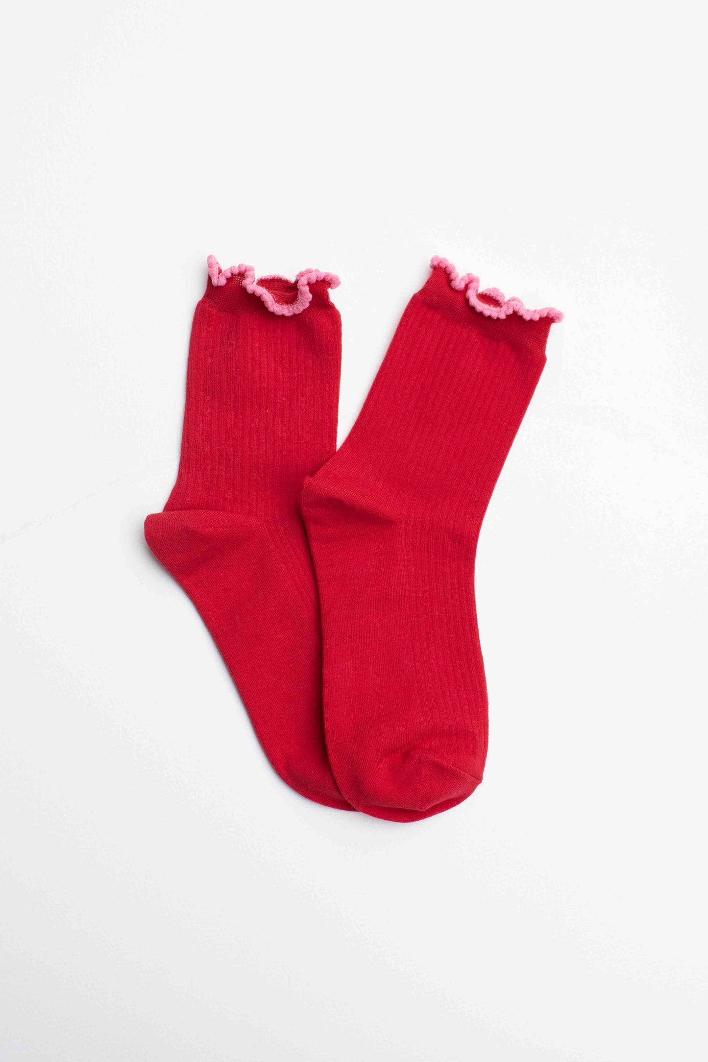 Ruffle Edge Cotton Blend Socks | Red/Pink