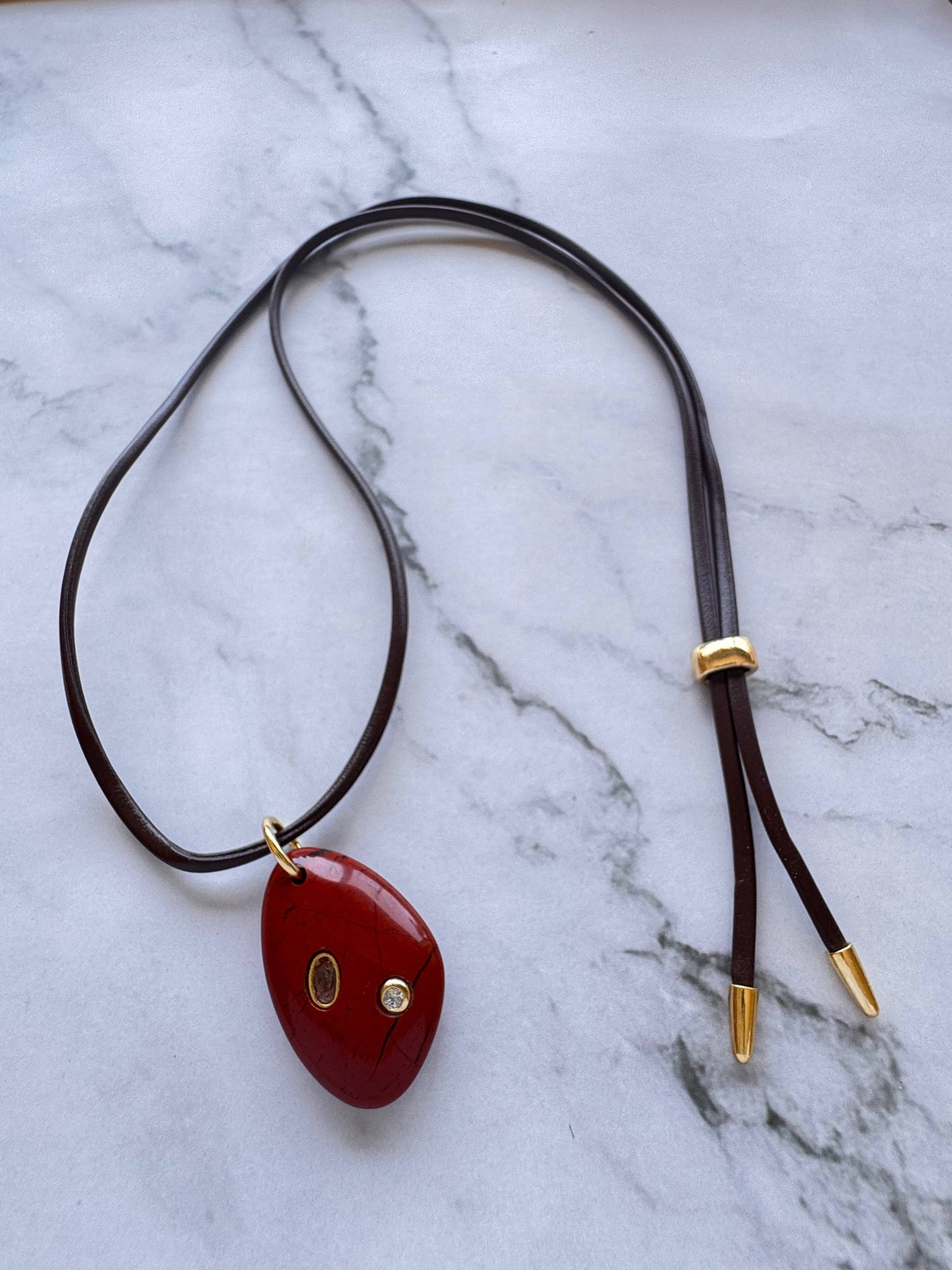 Mildred Leather Cord and Gemstone Necklace : Red Japser