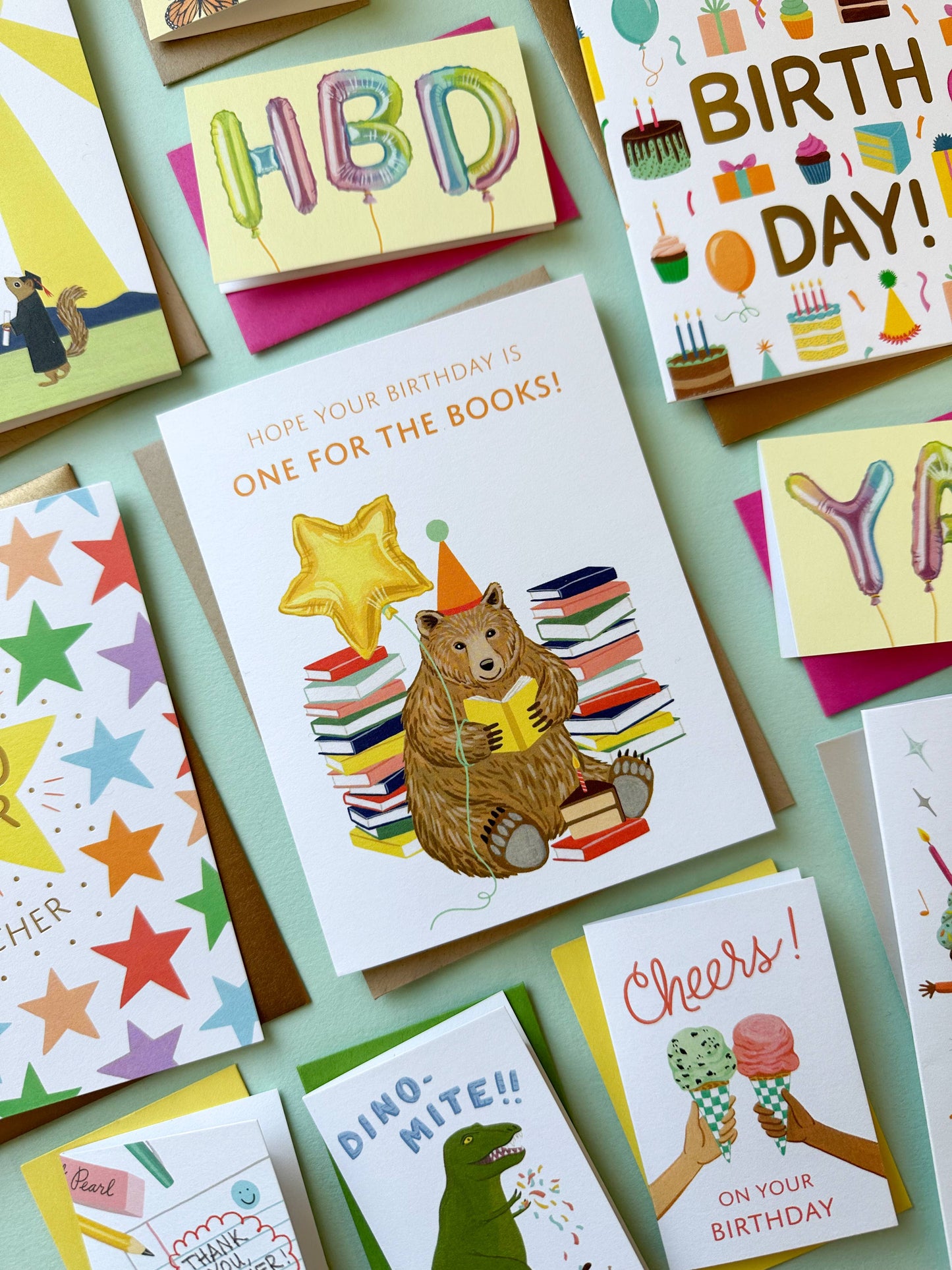 Reading Bear with Books and Cake Birthday Card