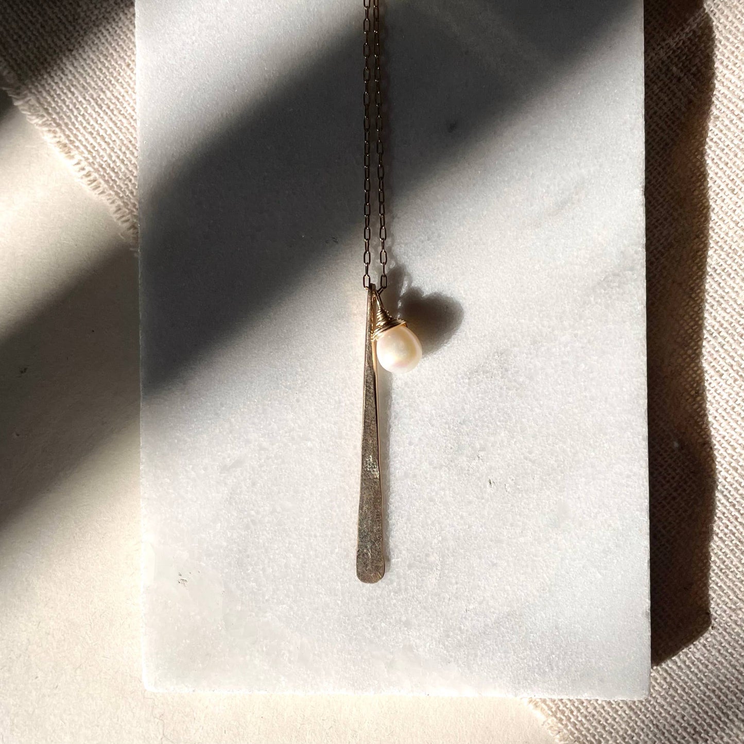 Hammered Stick and Stone Necklace: 14k Gold Fill / Pearl
