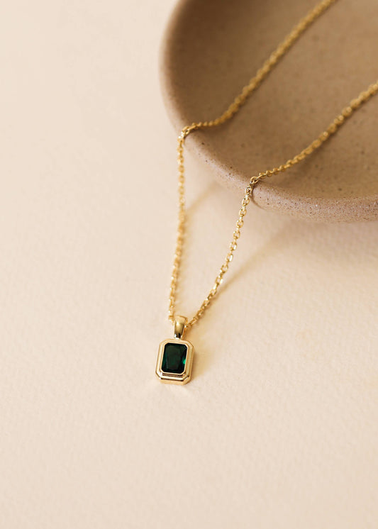 Rectangular Baguette Pendant Necklace | Gold | Emerald Green