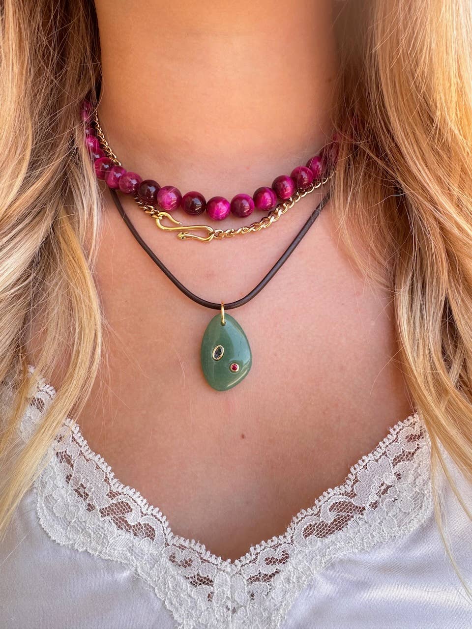 Mildred Leather Cord and Gemstone Necklace : Green Aventurine