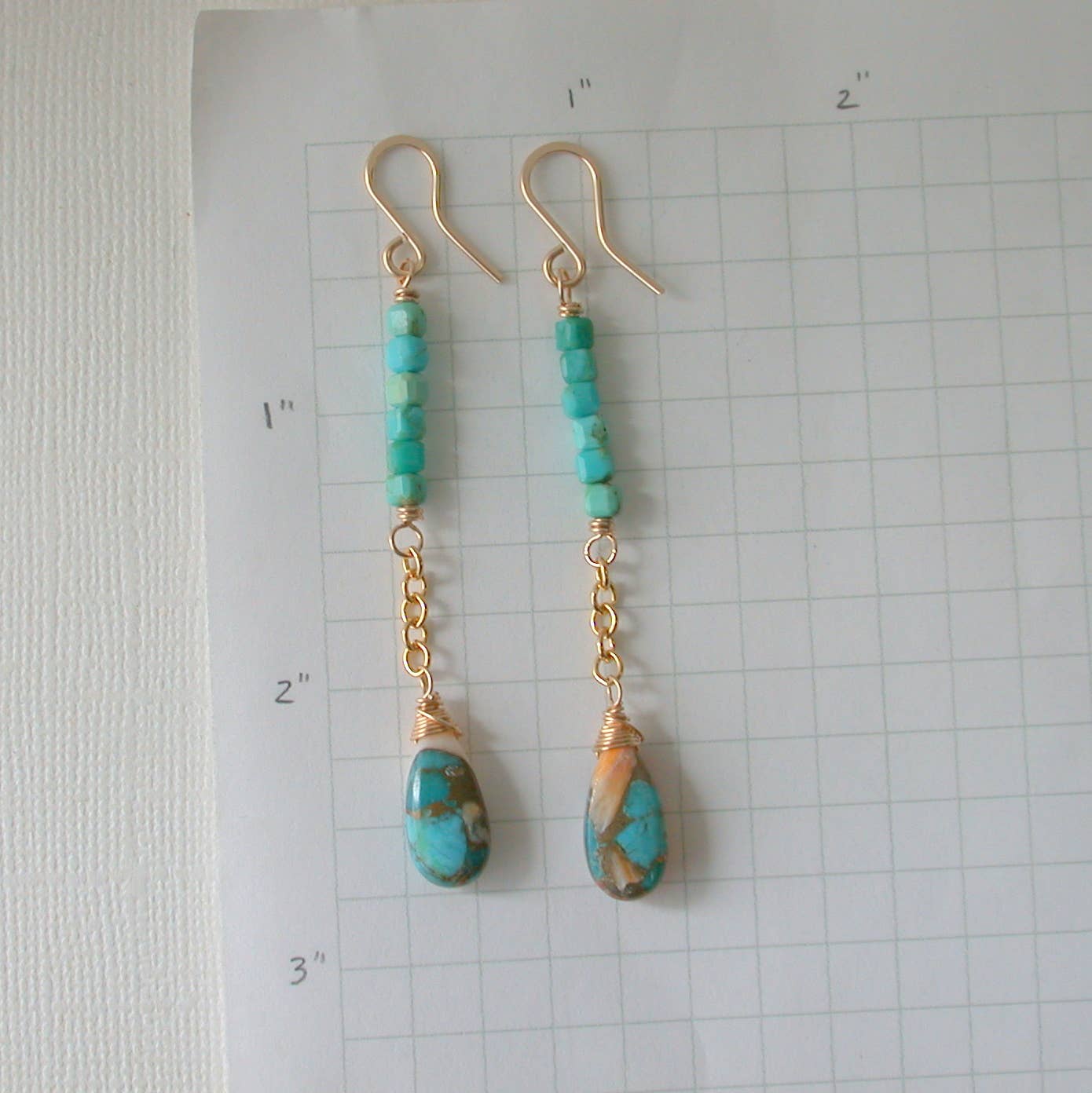 Linear Summer Dangle Earrings. Turquoise. Oyster Turquoise.: 14k gold fill