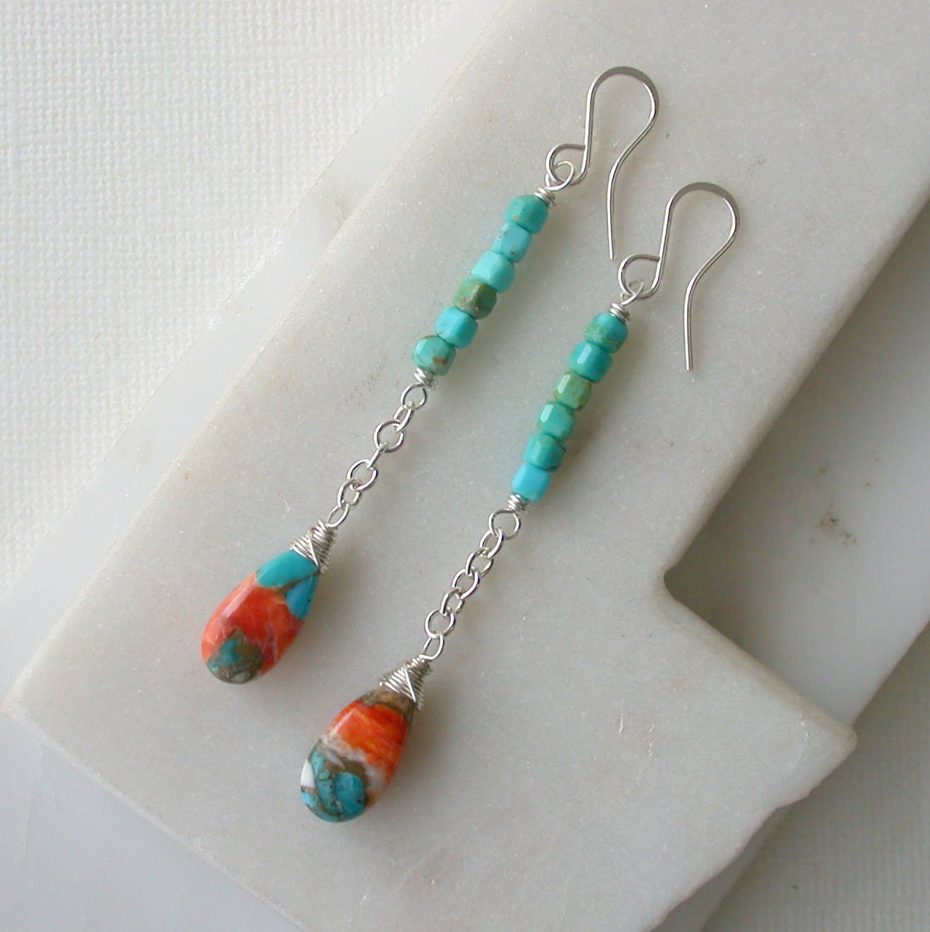 Linear Summer Dangle Earrings. Turquoise. Oyster Turquoise.: Sterling silver