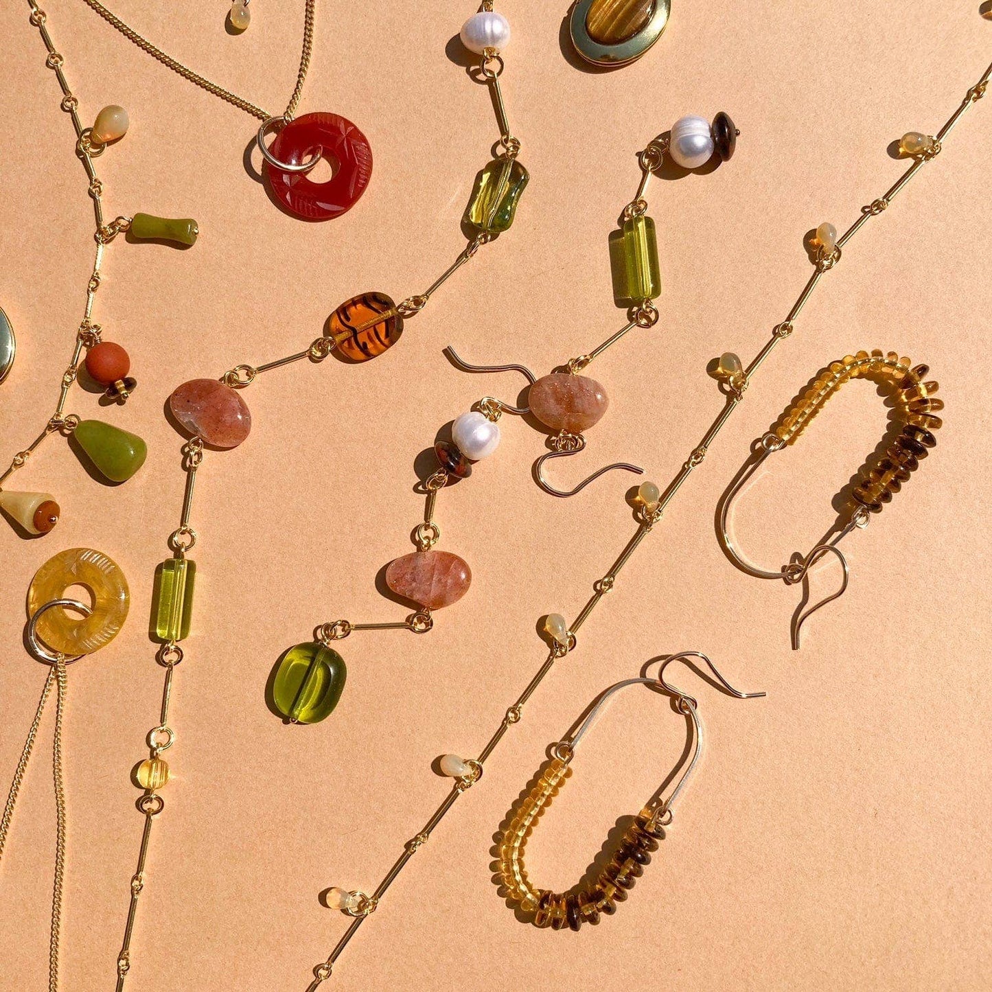 Composition Earrings | Sunstone, Pearl, Mahogany Obsidian, Glass