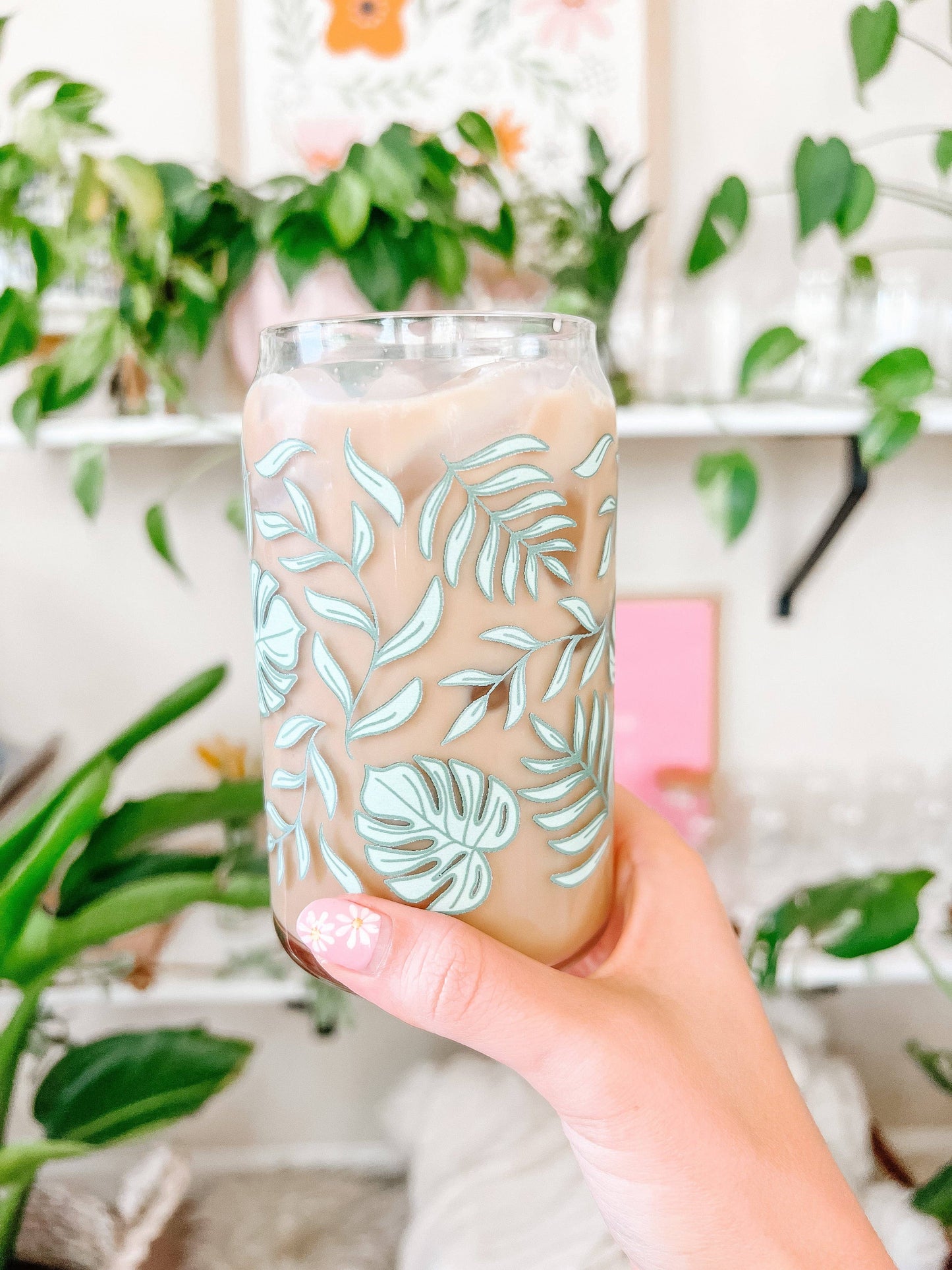 16oz Tropical Monstera Iced Coffee Beer Can Glass