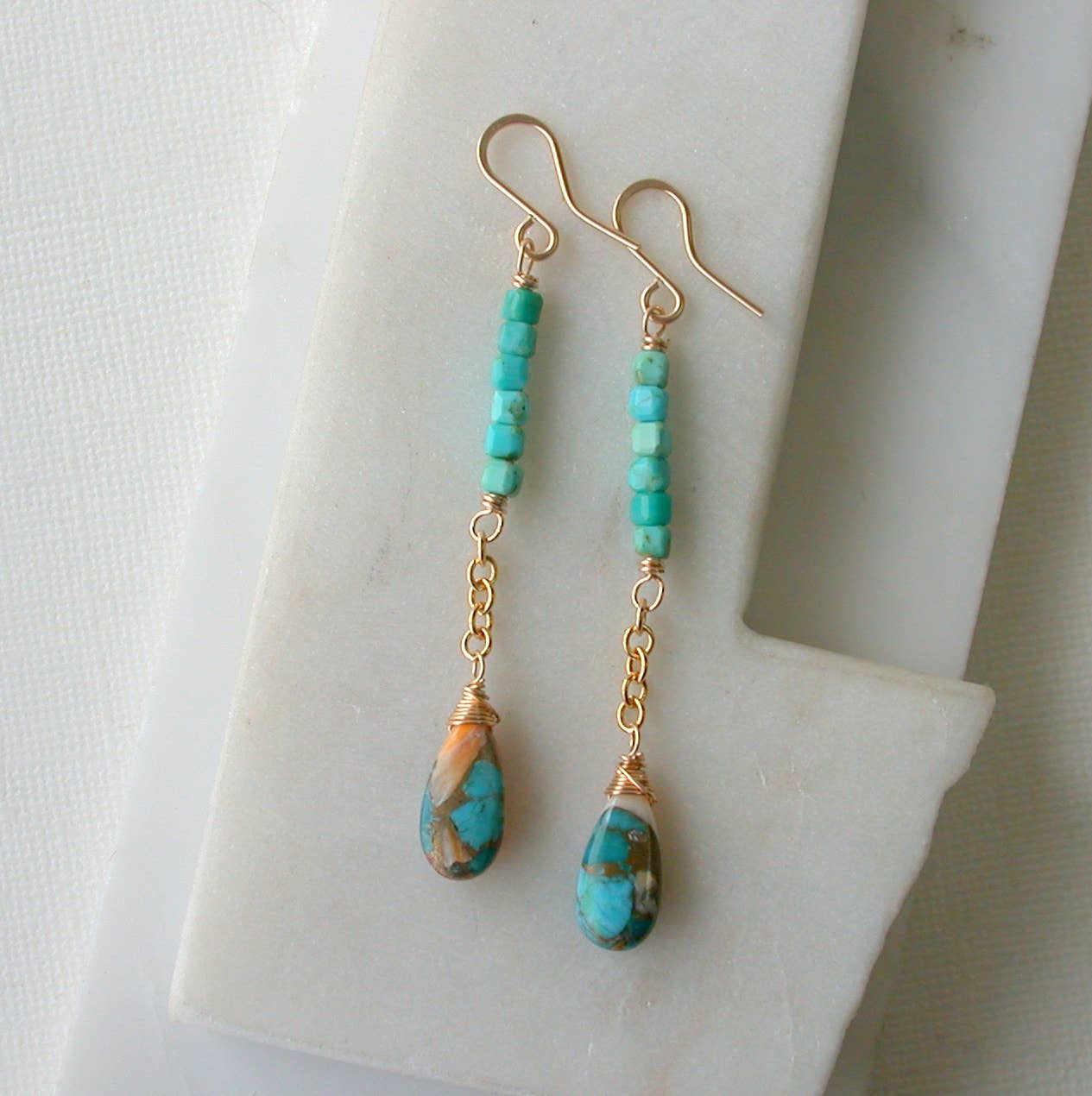 Linear Summer Dangle Earrings. Turquoise. Oyster Turquoise.: 14k gold fill