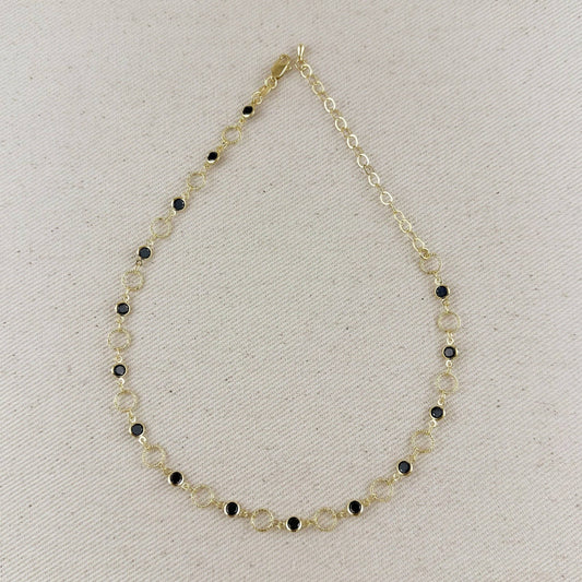 18k Gold Filled Black Bezel CZ & Circles Choker Necklace