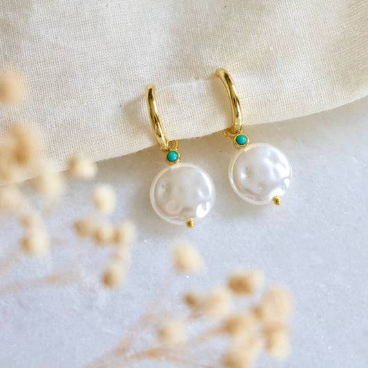 Pearl and Turquoise Huggie Hoop Earrings - Hypoallergenic