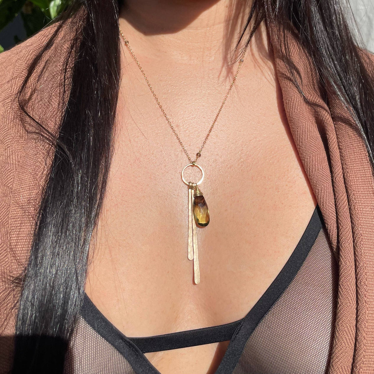 Bi-Color Lemon Quartz Stick Necklace: Gold Filled