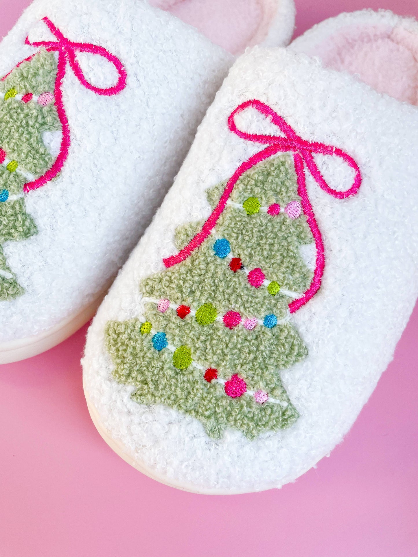 Pink Bow Christmas Tree Slippers - X-Large