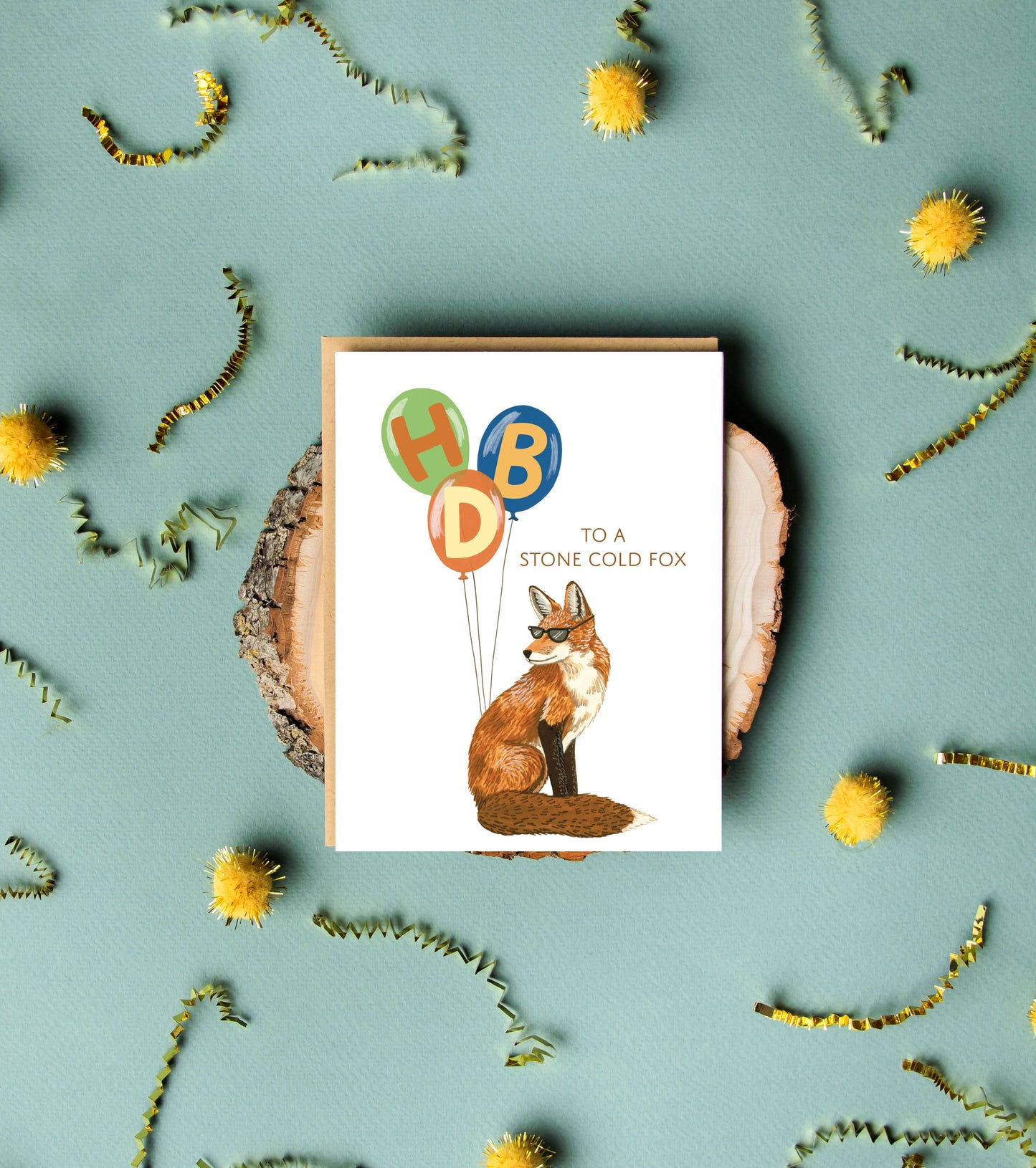 Stone Cold Fox and Balloons Birthday Card