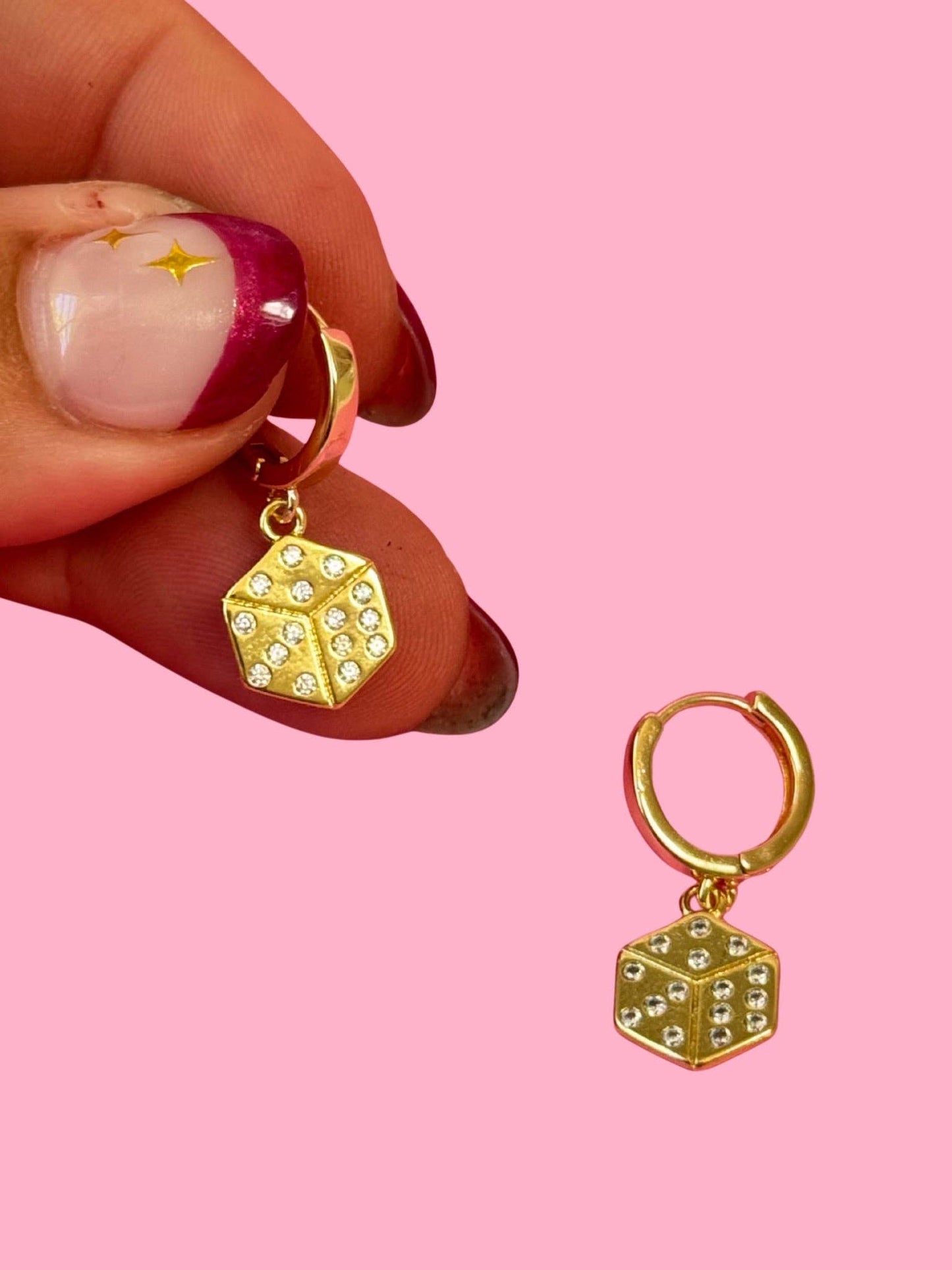 Gold Sparkle Dice Huggie Earrings
