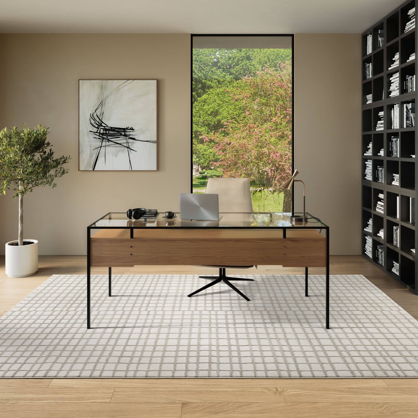 Abani Plush Deco Machine Washable Ivory Taupe Grid Rug: 4' x 6'