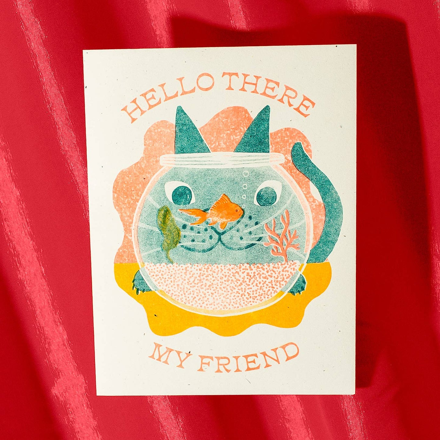 Hello There My Friend Cat - Risograph Greeting Card