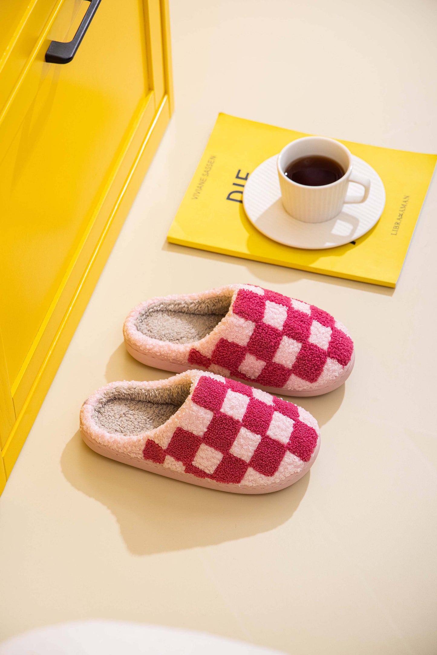 Checker  Illustrated Soft Fluffy Comfy Warm House Slipper: Checker-Pink / Medium