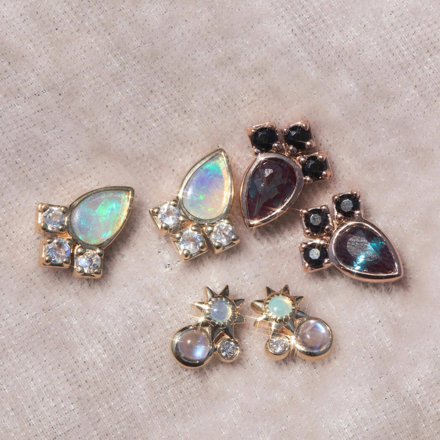 Solid Gold Rainbow Moonstone, Opal and Diamond Celestial Cluster Earrings