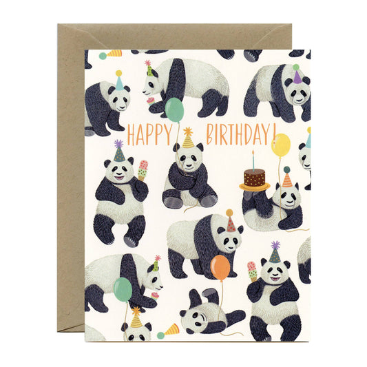 Pandas Galore with Birthday Hats, Balloons and Cake Birthday Card