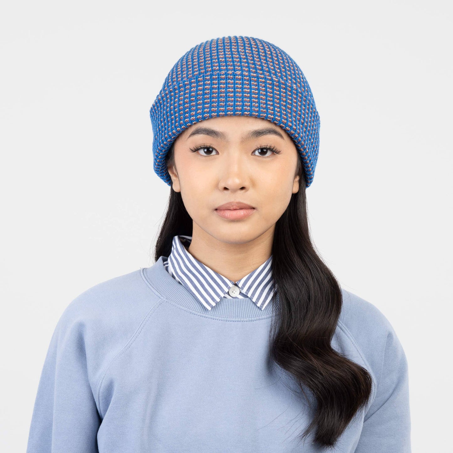 Simple Grid Knit Beanie | Stone Blue